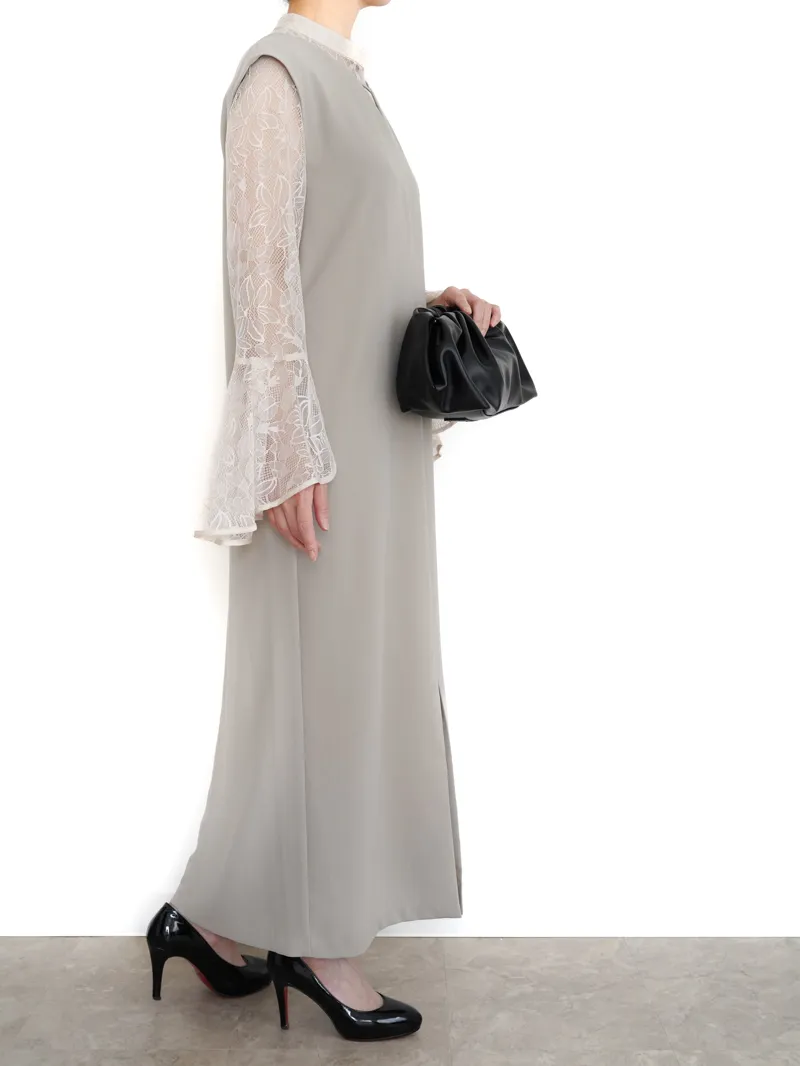ベルスリーブドレス スリット入 高級感 ジャガード 透け感 c421 セール】bell sleeve slit dress ベルスリーブスリットドレス