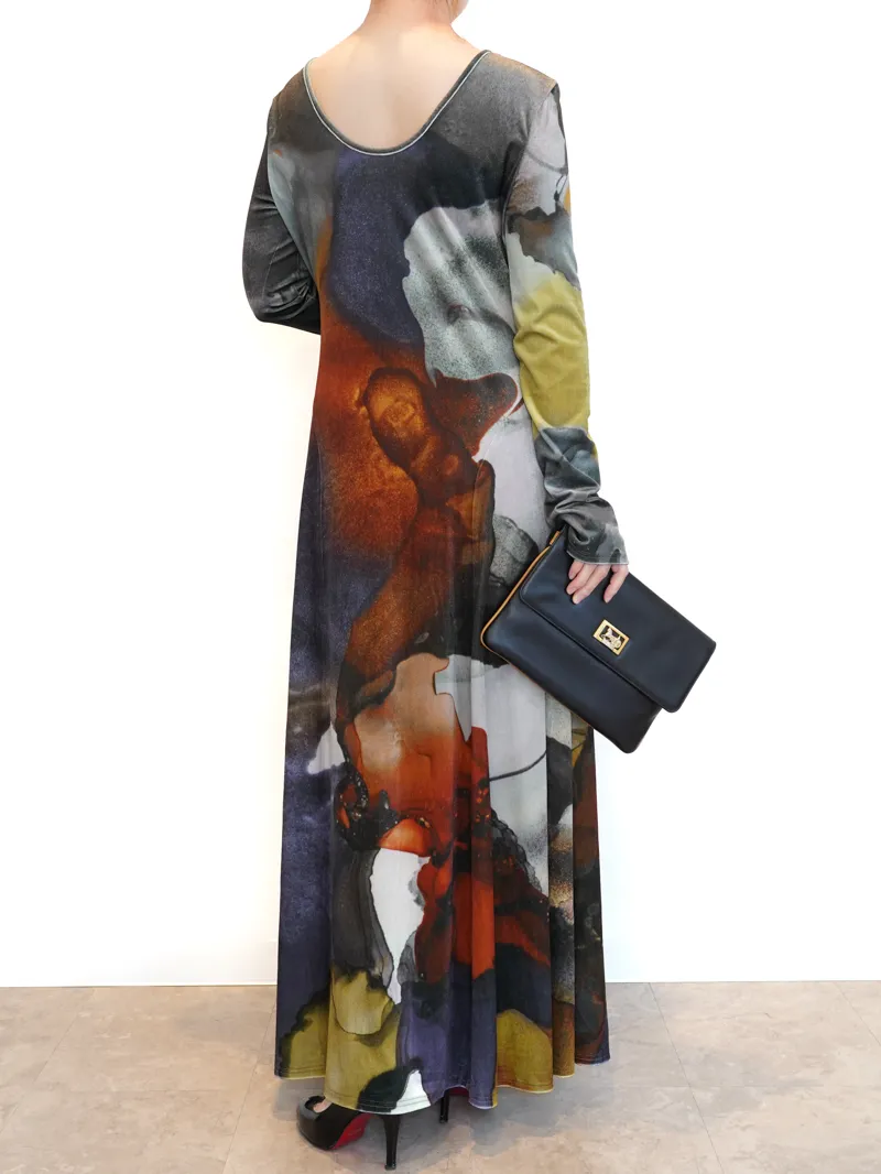 Ameri VINTAGE（アメリ ヴィンテージ）2WAY RUST INK ART VELOUR DRESS（ブラウン/M）全身背面