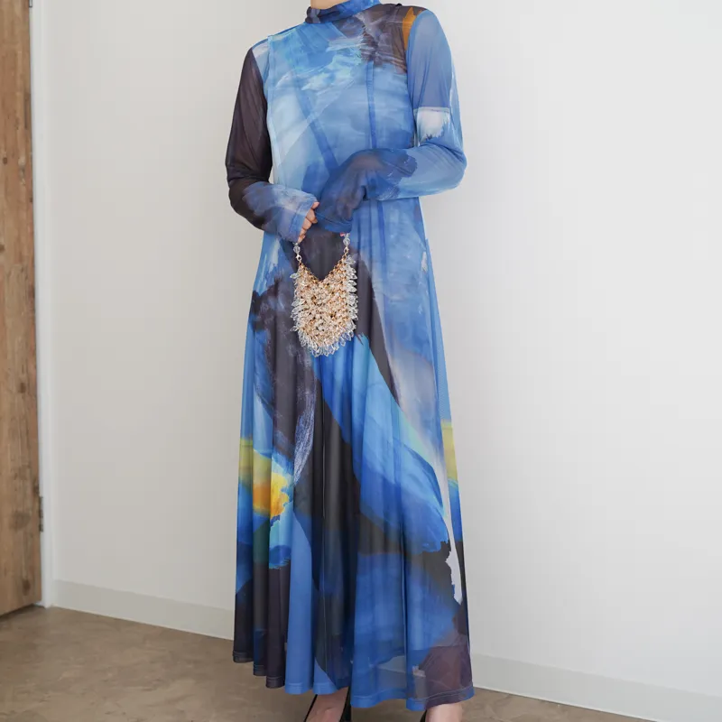 Ameri VINTAGE（アメリ ヴィンテージ）ELIZABETH STAINED GLASS SHEER DRESS（ブルー/S）全身正面