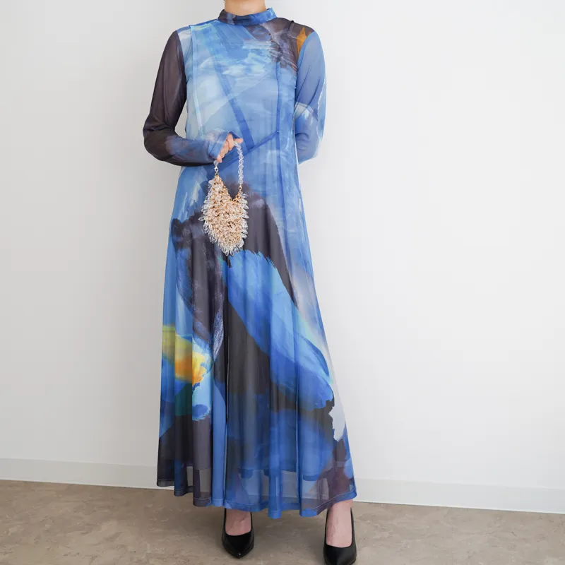 Ameri VINTAGE（アメリ ヴィンテージ）ELIZABETH STAINED GLASS SHEER DRESS（ブルー/S）全身正面