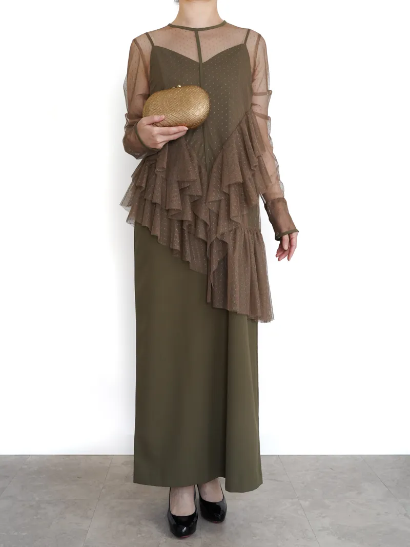 Ameri VINTAGE（アメリ ヴィンテージ）TULLE FRILL TOP SET DRESS（カーキ/M）