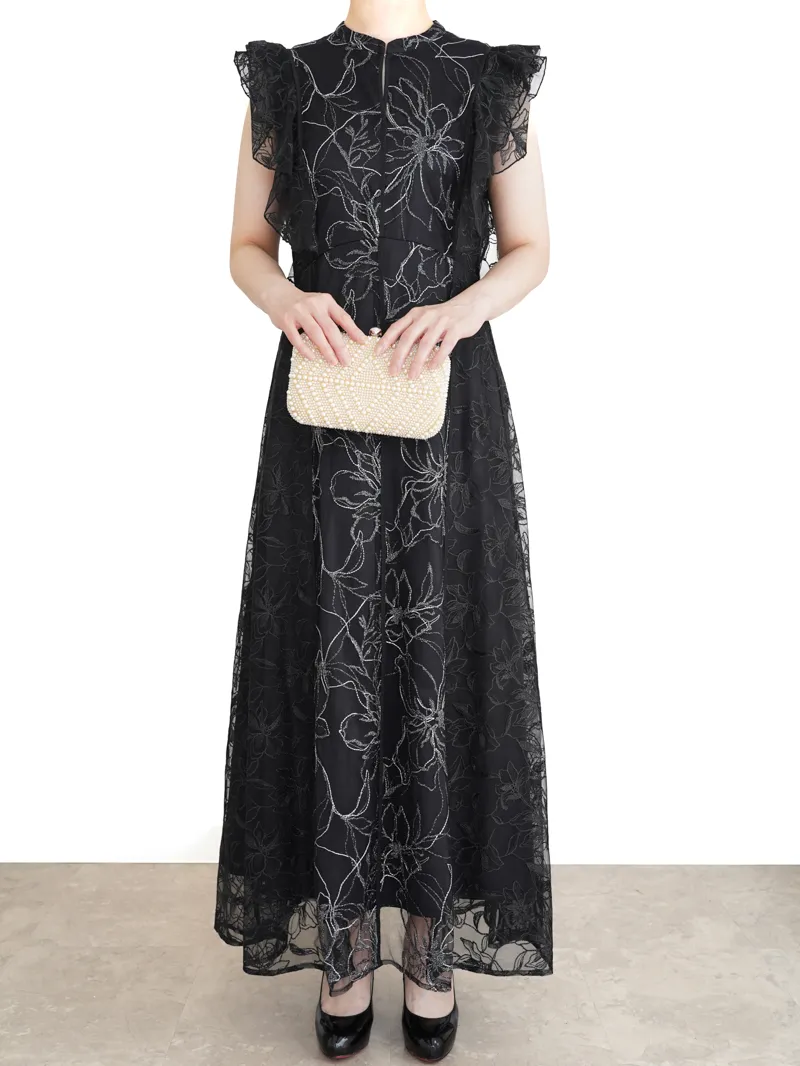 Ameri VINTAGE（アメリ ヴィンテージ）GLITTER LACE DRAPE FRILL DRESS（ブラック/M）