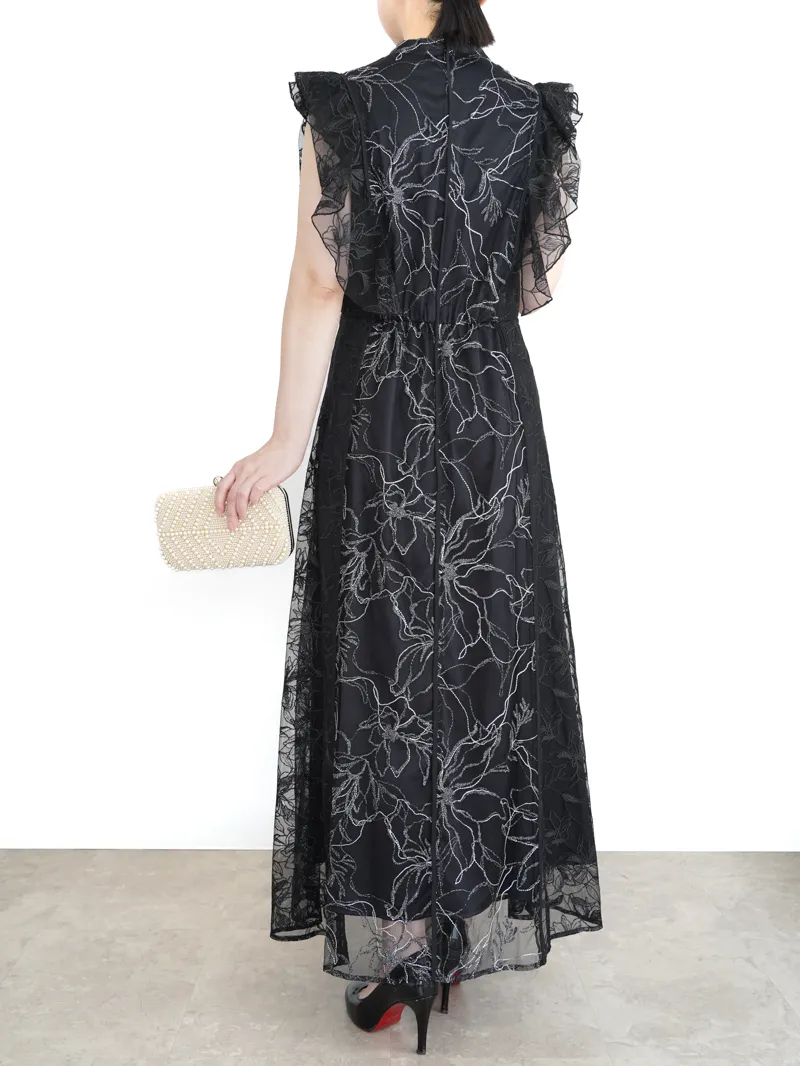 Ameri VINTAGE（アメリ ヴィンテージ）GLITTER LACE DRAPE FRILL DRESS（ブラック/M）モデル全身背面