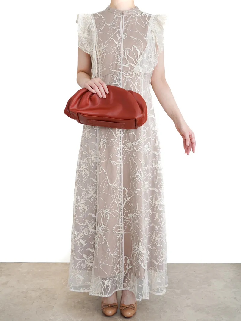 Ameri VINTAGE（アメリ ヴィンテージ）GLITTER LACE DRAPE FRILL DRESS（ベージュ/M）