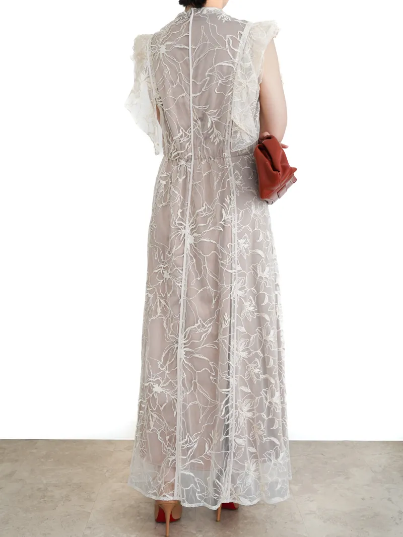 Ameri VINTAGE（アメリ ヴィンテージ）GLITTER LACE DRAPE FRILL DRESS（ベージュ/M）モデル全身背面