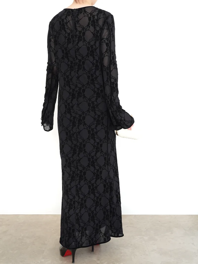Ameri VINTAGE（アメリ ヴィンテージ）SHEER FLOCKY MERMAID DRESS（ブラック/M）モデル全身背面