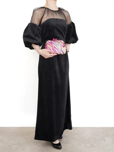 Ameri VINTAGE（アメリ ヴィンテージ）SOUFFLE SLEEVE VELOUR DRESS（ブラック/M）