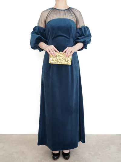 Ameri VINTAGE（アメリ ヴィンテージ）SOUFFLE SLEEVE VELOUR DRESS（ブルー/M）