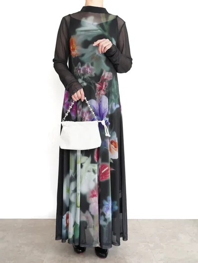 Ameri VINTAGE（アメリ ヴィンテージ）SMOKE FLOWER FLARE DRESS（ブラック/M）