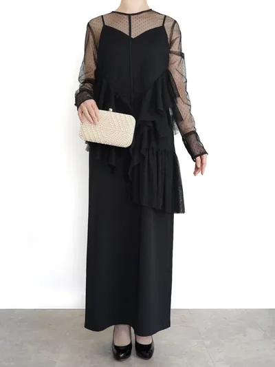 Ameri VINTAGE（アメリ ヴィンテージ）TULLE FRILL TOP SET DRESS（ブラック/M）